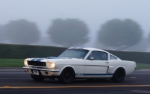 Белый Ford Mustang GT350с синими полосами несется по туманной трассе